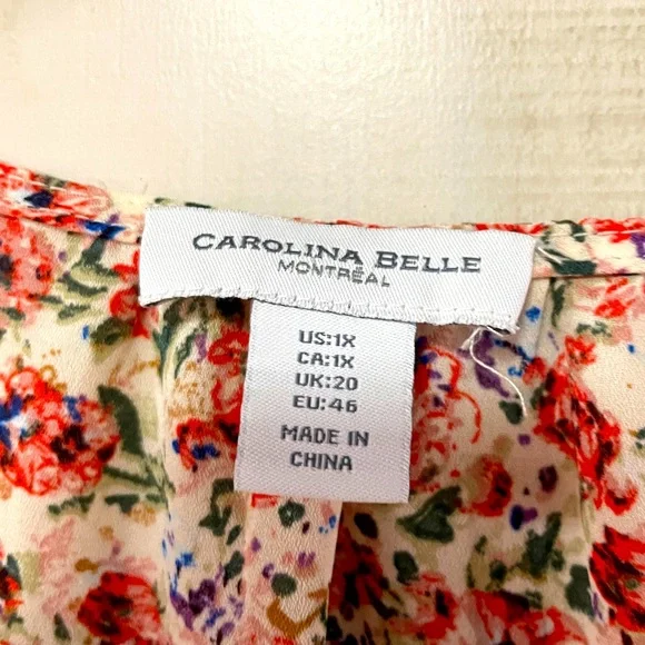 Carolina Belle Pink White Green Floral Short Sleeve Hi-Low Blouse Sz 1X - Picture 3 of 6